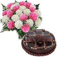Same Day Valentine's Day Cake to Jammu send to 1 Kg Chocolate Cake 12 Pink White Carnation Bouquet