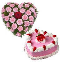Anniversary Cakes to Jammu including Pink Carnation Heart, 1 Kg Heart Strawberry Cake in Jammu