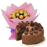 Same Day Valentine's Day Cake to Jammu having 16 Pcs Ferrero Rocher Bouquet 1 Kg Chocolate Cake 5 Star Bakery