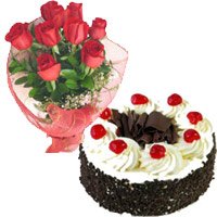Deliver Valentine's Day Cake in Jammu. 1 Kg Black Forest Cake 12 Red Roses Bouquet