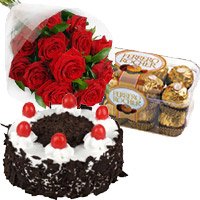 Valentine's Day Cake to Jammu Same Day Delivery comprising 12 Red Roses 1 Kg Cake and 16 Piece Ferrero Rocher Chocolate to Jammu